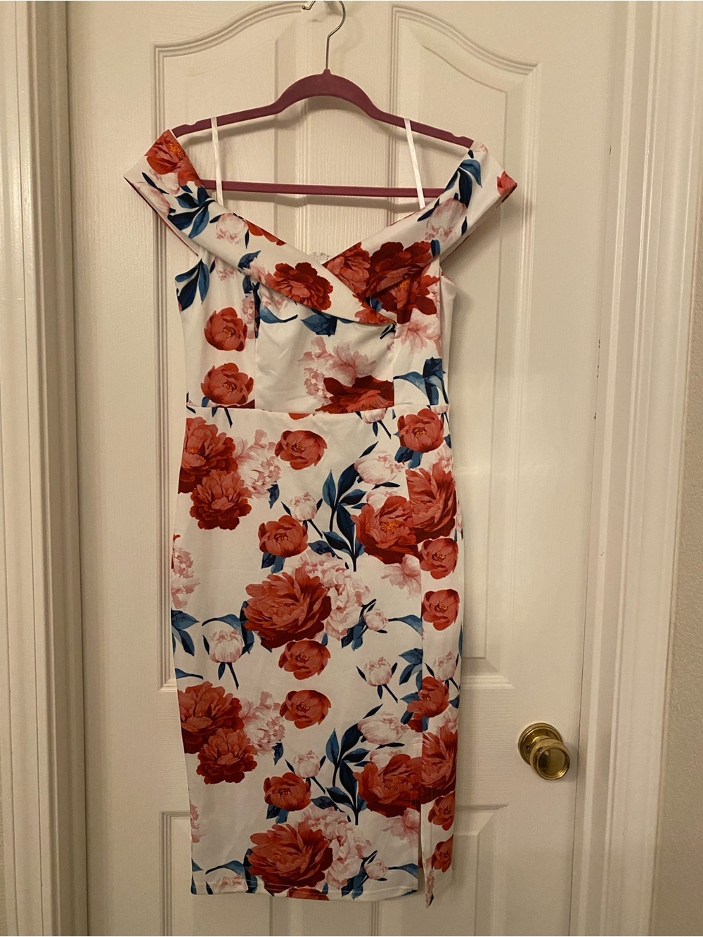 Fashion Nova White Off-Shoulder Midi Dress with Coral & Navy Floral Print